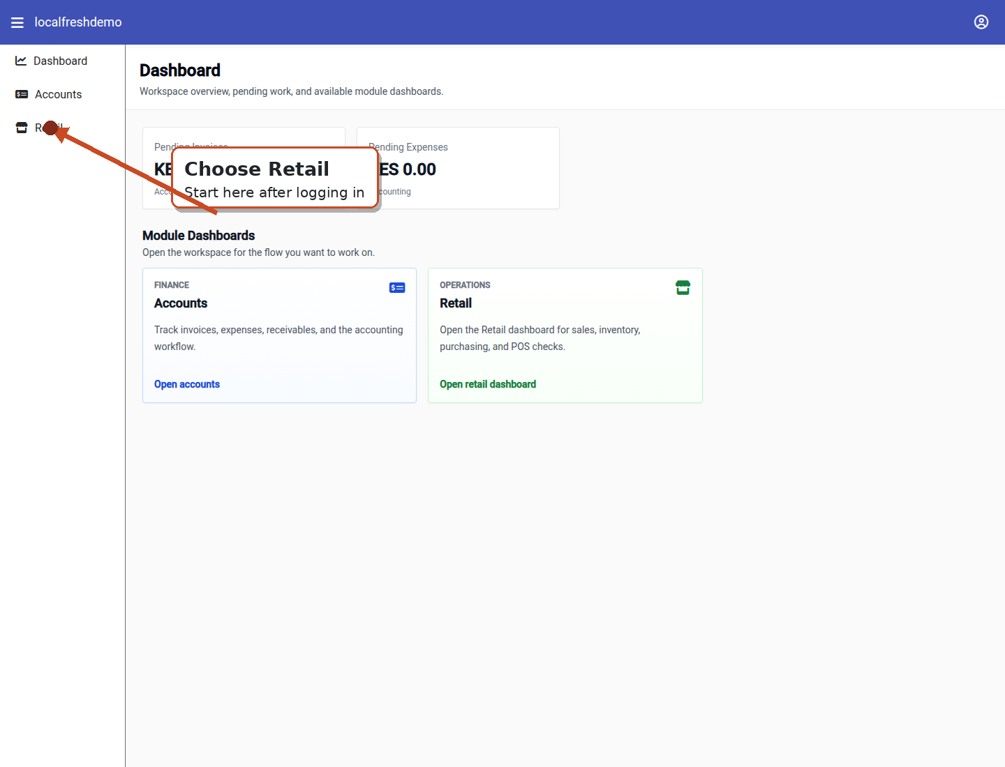 Acel main dashboard with Retail navigation highlighted