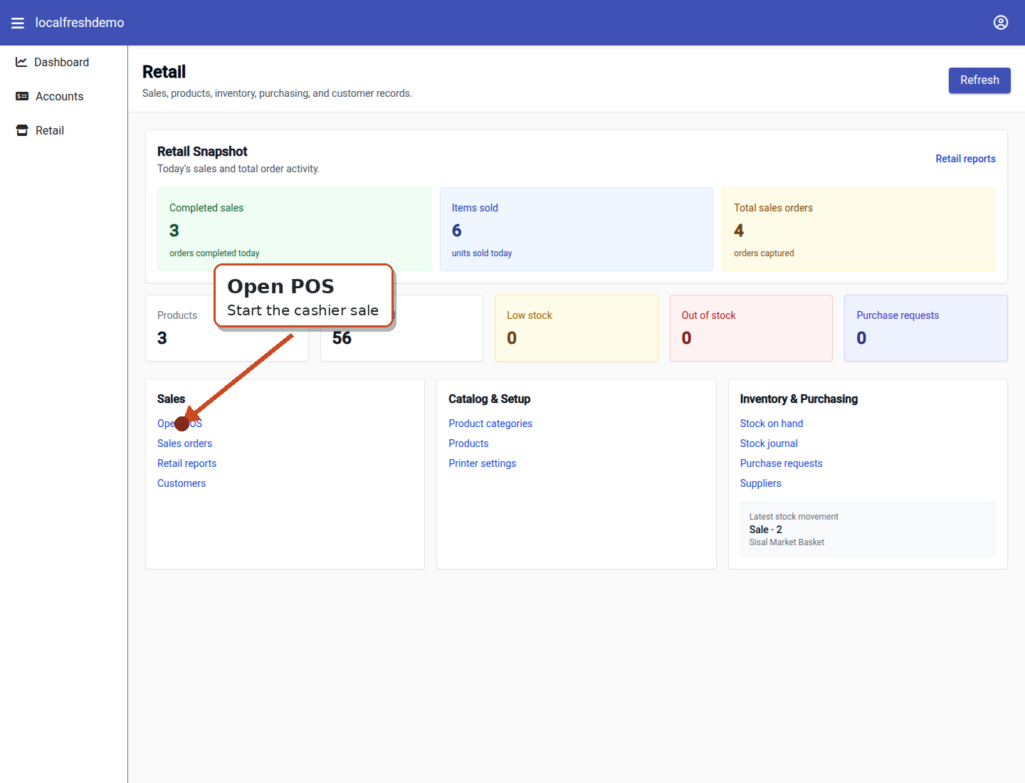Acel Retail dashboard with Open POS highlighted