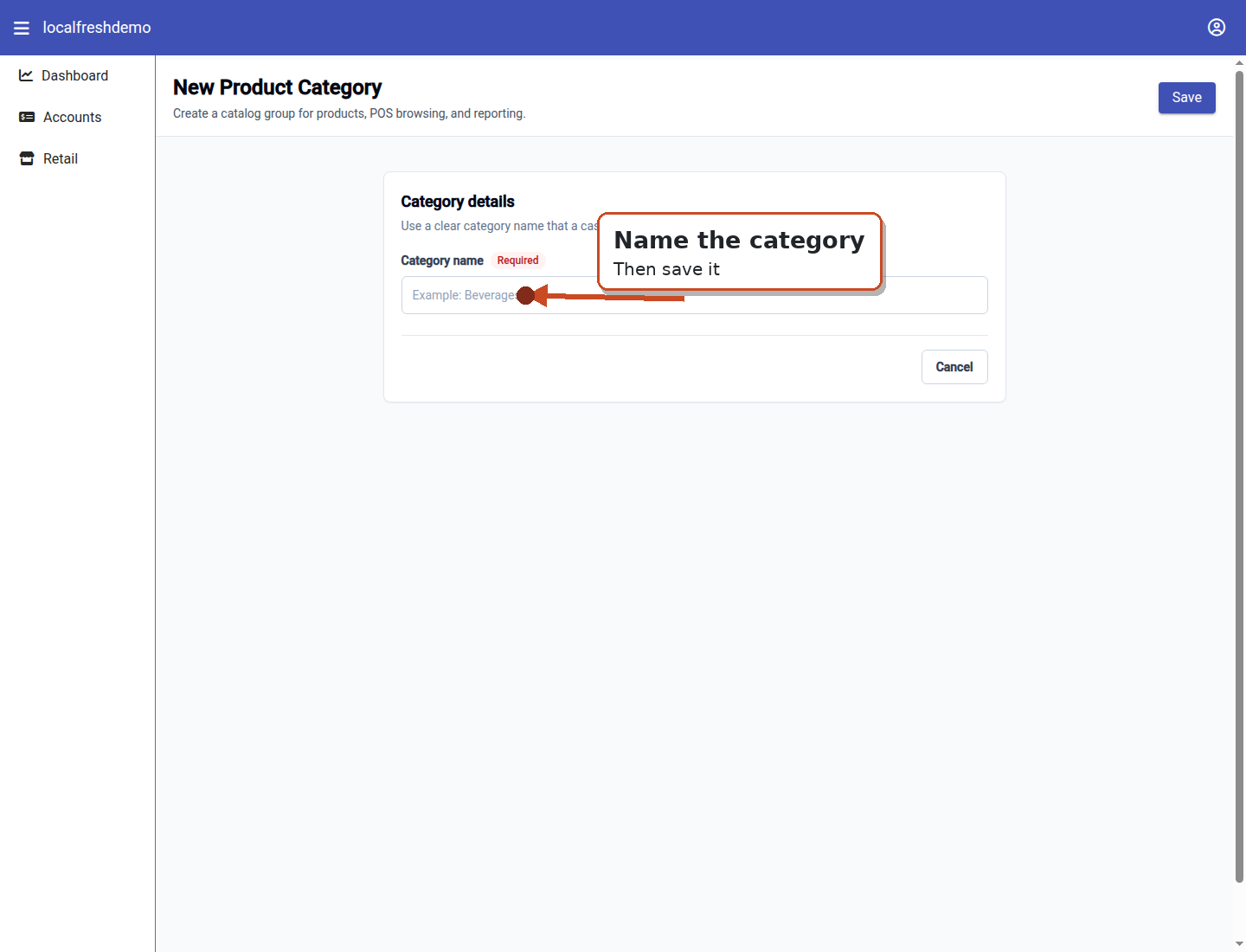 Acel Retail new category form