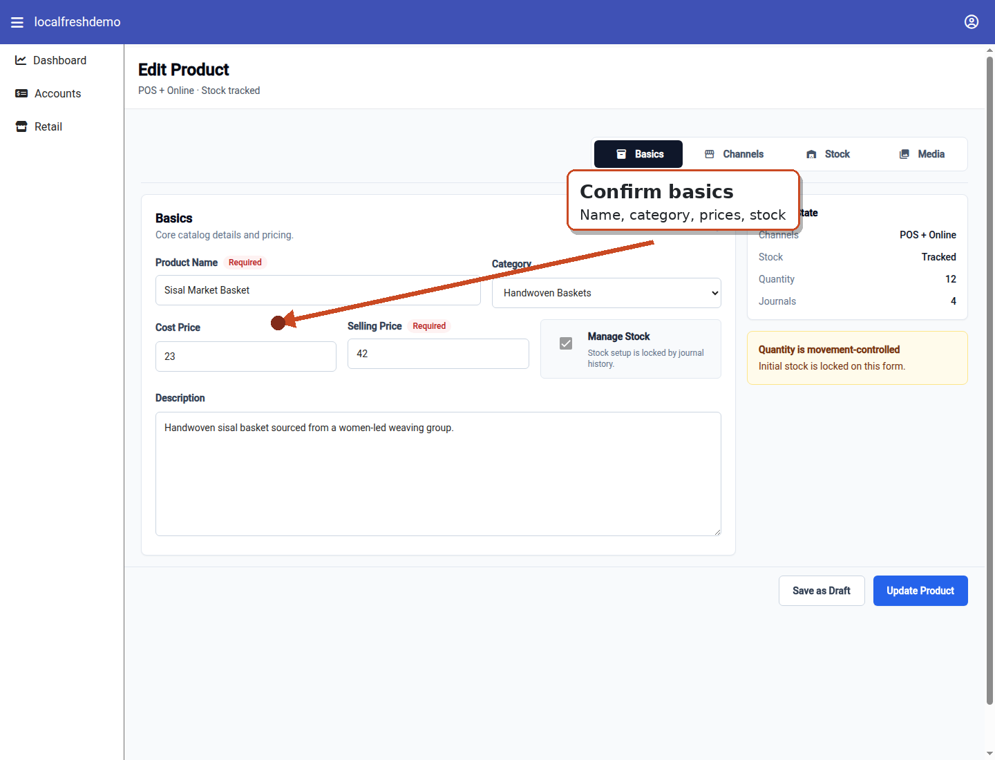 Acel Retail new product basics tab