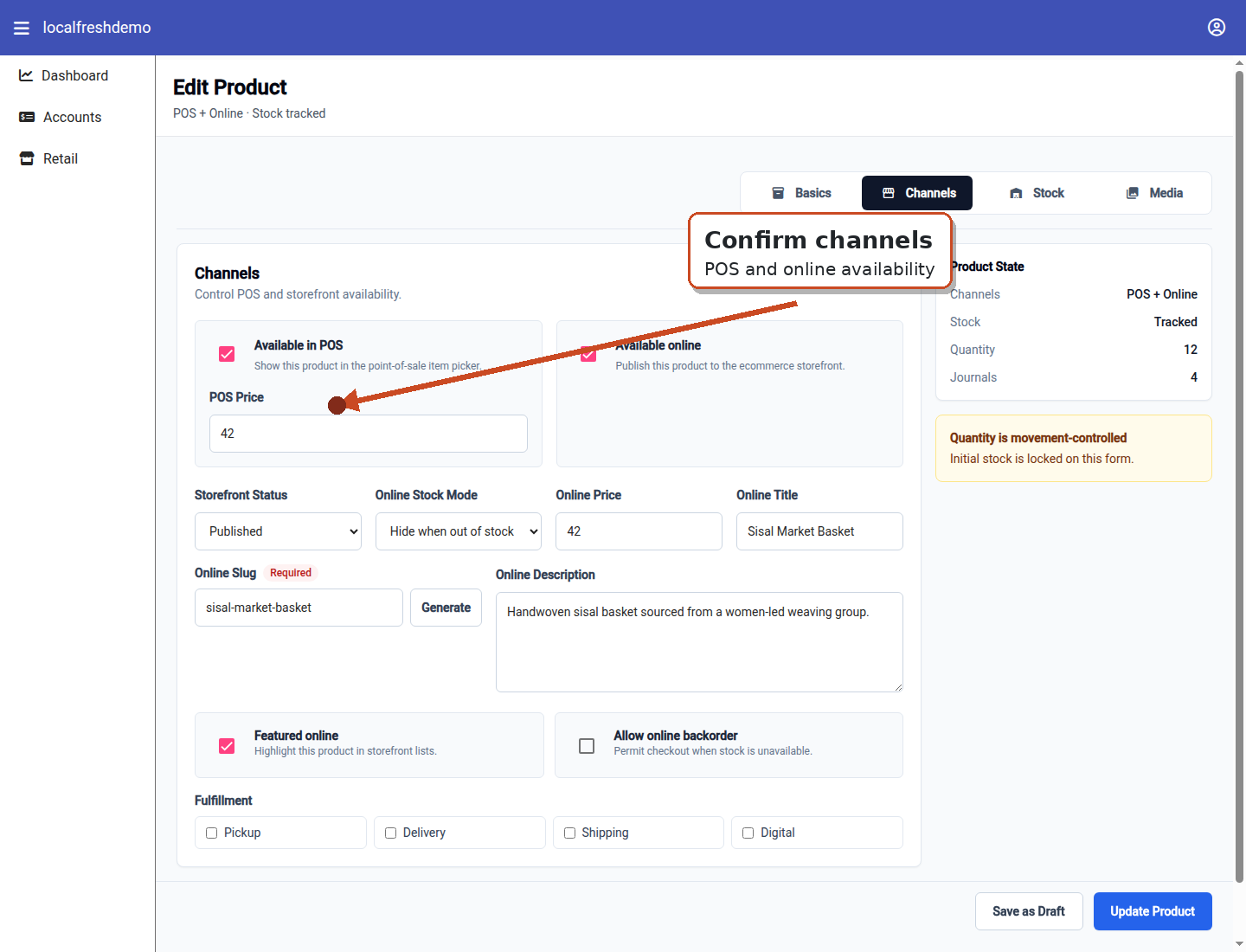 Acel Retail product channel settings