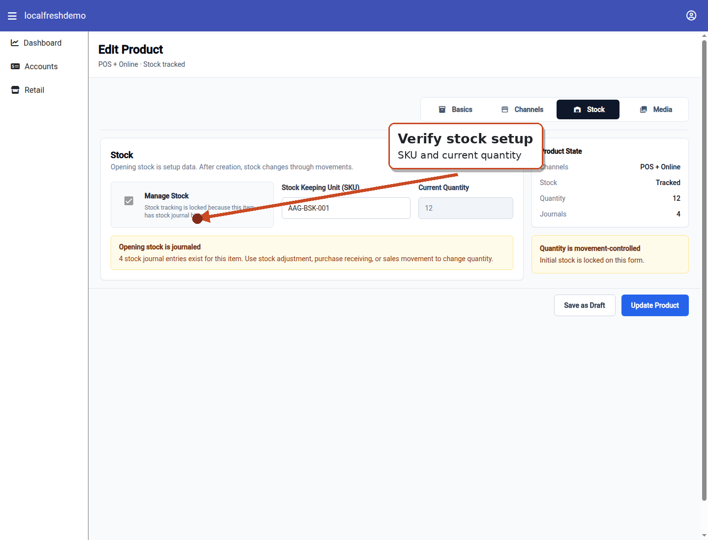 Acel Retail product stock settings