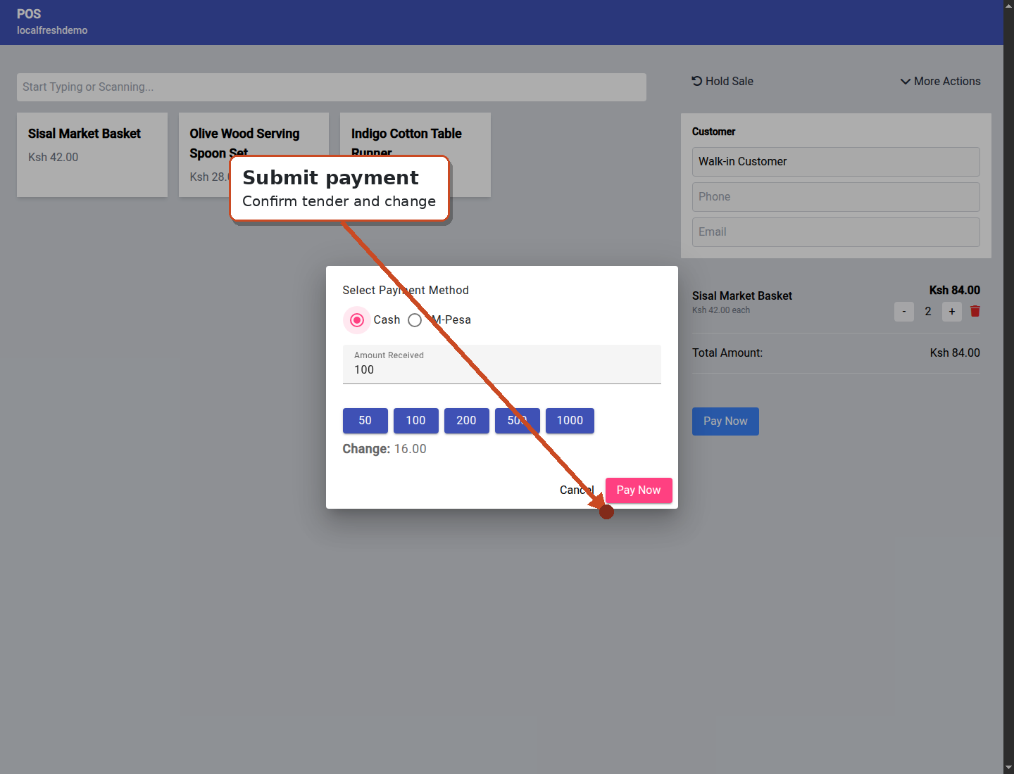 Acel POS payment modal with cash amount received
